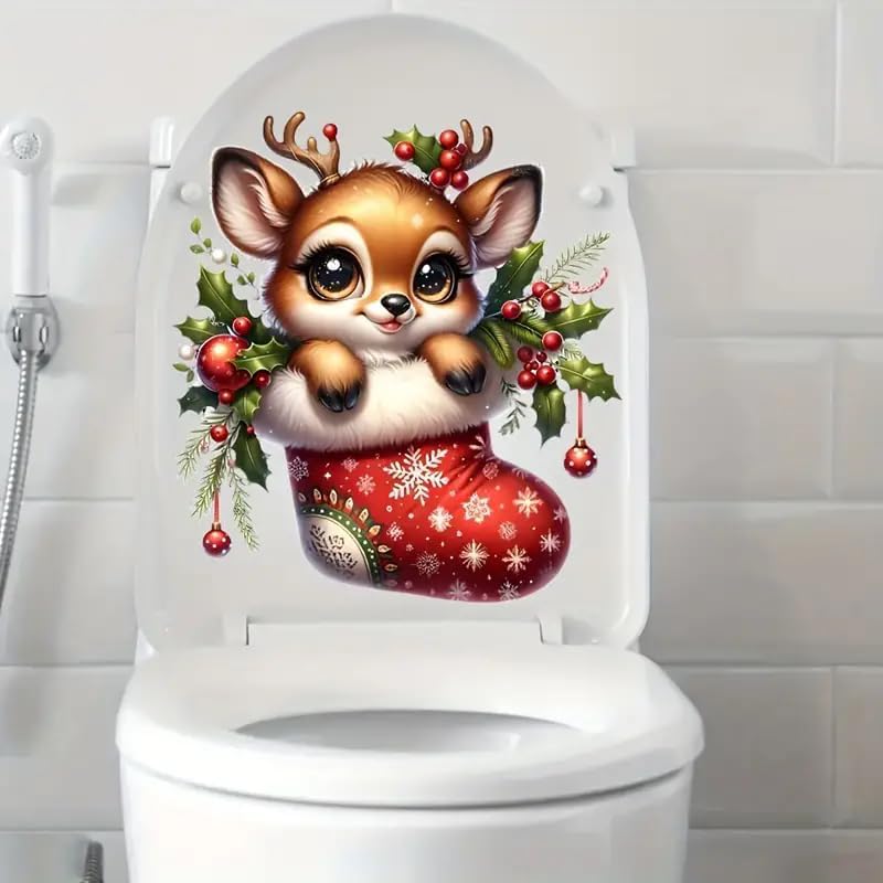 DIDOSOFT Christmas Deer Sock Toilet Cover Sticker Decals,Fish Bird Flower Leaf Waterproof Toilet Lid Tank Seat Decals Cistern Self-Adhesive Bathroom Wall Sticker - Image 1